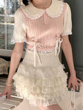 MQTIME  -  French Temperament Sweet Peter Pan Collar Short Sleeve Lace-up Knitted Short T-Shirts