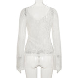  MQTIME  -  Women's White Lace Crop T-shirts with Front Knot & Bell Sleeves Sexy V-Neck See Through Floral Lace Tee Tops Casual Autumn Chic