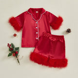 MQTIME  -  Girls Summer Pajama Sets with Short Sleeve Lapel Button Up Plush Cuff Shirt and Shorts for Comfortable Sleepwear