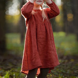 MQTIME  -  Vintage Mori Red Girls Princess Dress Autumn Children's Clothing Solid Color Round Neck Long-Sleeved Baby Girl Dresses