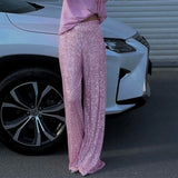  MQTIME  -  Women Sequin Wide Leg Pants Stretchy High Waist Loose Straight Trousers Club Party Elegant Long Pants Streetwear