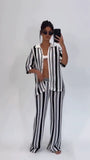 MQTIME  -  Knitted Striped Cardigans Pants Sets Women 2 Pieces Short Sleeve Single Breasted Loose Coat Wide Leg Trousers Suits Hollow Out