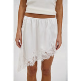 MQTIME  -  Women's Satin Silk Lace Patchwork Midi Skirt Elegant Solid Color Asymmetric Hem Knee Length Elastic Waist Silky Skirt