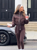  MQTIME  -  Solid High Neck Coat Slim Pants Set Women New Cropped Jacket High Waist Pants Suit Female Spring Winter Warm Chic Outwear Sets