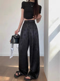 MQTIME  -  Satin Flower Graphic Long Pants Women Elastic High Waisted Wide Leg Pants Chinese Style Fashion Summer Loose Trousers