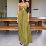 MQTIME  -  Elegant Women High Waist Boho Dress Summer Holidays Sleeveless Suspender Long Dress Sexy Low Cut Backless Pleated Evening Dress