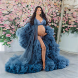 MQTIME  -  Navy Blue Ruffle Tulle Maternity Robes Photography Dresses See Thru Puffy Tulle Women Maternity Dress Photoshoot Babyshower Gown