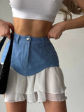 MQTIME  -  Denim Cake Skirt Women A Line Short Skirts High Waist Ruffles Elegant Splice Streetwear Party Pleated Slim Fit Spring Y2k