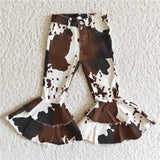  MQTIME  -  Baby Girls Denim Western Brown Cow Print Bell Bottom Kids Children Toddler Flared Pants Double Lace Pocket Jeans