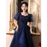 MQTIME  -  Luxury Sequin Blue Evening Dress for Women Annual Conference Hosting Ball Gown Puff Sleeve Sqare Collar Banquet Princess Dresses