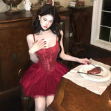 MQTIME  -  High-end Celebrity Diamond Lace Suspender Dress Women 2025 Summer New Temperament Slim Waist Fluffy Princess Mini Dress Girls