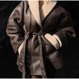 MQTIME  -  Fashion Retro Leather Women's Coat Winter Warm Windproof Plush Lining Coats with Belt Women Solid Turndown Collar Outerwears