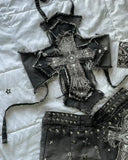 MQTIME  -  Y2K Suspender Leather Short Skirt Two Piece Set Feminine Lace Personalized Design Punk Motorcycle Style Mini Leather Skirt Suit