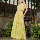 MQTIME  -  Women 2Pcs Outfits Set Sleeveless Lace Trim O Neck Eyelet Hollow Out Crop Tank Top+High Waist A-line Long Flowy Skirt