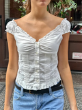 MQTIME  -  Women T-shirt Preppy Button Down Blouse Tops Y2k Vintage Cap Sleeve 00s Aesthetic Fairy Frill V Neck Crop Tops Milkmaid Vest