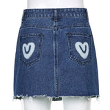 MQTIME  -  Y2k Vintage Party Club Streetwear Mini Skirts Bodycon Clothes 2024 Fashion Harajuku Women Lovely Heart Print A Line Denim Skirt