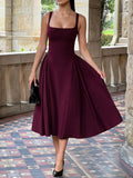 MQTIME  -  Summer New French Square Neck Women Elegant Strap Dress Simple Solid Color Female Banquet Grand Display Long Dresses