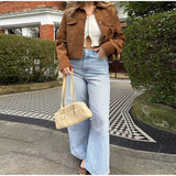 MQTIME  -  Women Brown Suede Leather Jacket Vintage Lapel Single Breasted Long Sleeve Pocket Slim Outerwear Spring Lady Chic Top 2025