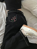 MQTIME - Flower Embroidery Vintage Streetwear Jeans Women Pockets Korean Fashion Denim Pants Female High Waist Sweet Casual Pants