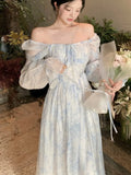 Mqtime Elegant Floral Printed Midi Dress Women Long Puff Sleeve Off Shoulder Corset Lace-up France Vintage High Waist Summer Vestidos