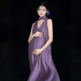 MQTIME  -   Elegant Maternity Photo Shoot Dress – Stylish Purple V-Neck Sleeveless Dress for Pregnant Women Studio Photography Clothing