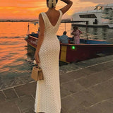 MQTIME  -  Solid Color Hollow Knitted Beach Vacation Dress Elegant Sleeveless Skinny Cover-up Dress Women Sexy Perspective Swimwear Dress
