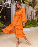 MQTIME  -  Orange Ruffles Midi Dress For Women Lantern Sleeve Button Solid Dress With Belt Daily Vacation Party Vestido