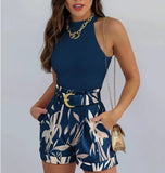 MQTIME  -  Sexy Off Shoulder Sleeveless T-shirt Shorts Set Office Lady Floral Print Tops Solid Shorts Two Piece Set Women Outfit Camis
