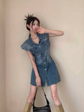 MQTIME  -  The Newest Fashion Wear Take Fashion Women Vintage Polo-neck Sleeveless Denim Blue Dress Party Cocktail Short Mini Dress
