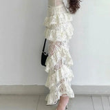  MQTIME  -  French vacation style lace patchwork slim and figure-flattering versatile tiered half skirt