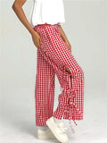  MQTIME  -  Women Plaid Wide Leg Pants Side Tie-Up Hollow-Out Loose Straight Trousers Bottoms Spring Summer Fashion Casual Sweatpants