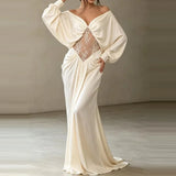 MQTIME  -  Sexy Lace Splice Formal Banquet Dress Elegant Solid Off Shoulder Long Sleeved Dress New French One Cut Collar Off Backless Dress
