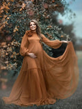 MQTIME  -  Classic Maternity Dress for Photoshoot Long Tulle Sleeves Prom Party Gowns Ruched Floor Length Vestido For Babyshower Customized