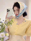 MQTIME  -  2024 Spring/Summer New Women's Slim Fit Bubble Sleeves Short sleeved Knitwear Bright Yellow Sweet Versatile Cardigan Y2K