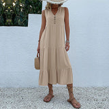 MQTIME  -  Solid Color Straight Tank Dress Sleeveless Holiday Viscose Maxi Dress Button Up V Neck Boho Dress Vacation Robes