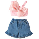 MQTIME  -  2Piece Summer Baby Clothes Toddler Girl Outfits Set Korean Fashion Big Bow Tops+Denim Shorts Children Boutique Clothing