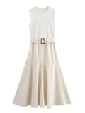 MQTIME  -  Summer New Fashion Belted Patchwork Dress Women O-Neck Sleeveless Long Dresses Female Elegant Solid Vacation Beach Vestidos