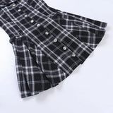 MQTIME  -  Gothic Dark Style Plaid Turn Down Collar Short Sleeve Single Breasted Vintage Ropa Mujer