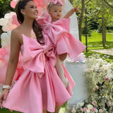 MQTIME  -  Sweety Cute Light Pink Bow Short Women Dresses To Birthday Party Strapless Big Bow A-line Mini Maxi Dress