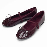 MQTIME  -  Shiny Pu Leather Red Ballet Flats Shoes for Women Pleated Round Toe Elegant Mary Janes Spring Autumn Comfortable Soft Loafers