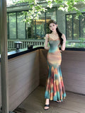 MQTIME  -  Summer Trend Fashion Color Contrast Design Print Embellishment Mesh Material Breathable and Cool Fishtail Hem Slip Dress