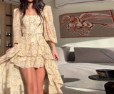 MQTIME  -  Summer Floral Print Dress with Detachable Ruffles and Bell Sleeves