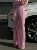  MQTIME  -  Women Sequin Wide Leg Pants Stretchy High Waist Loose Straight Trousers Club Party Elegant Long Pants Streetwear