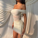 MQTIME  -  Spring Women's Clothing Off Shoulder Sheer Ruffle Wrap Bodycon Dress For Woman Polyester Milk Silk Elegant Party Short Mini
