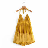 MQTIME  -  Sexy Backless Lace Halter Dress Summer femme V Neck Mini Party Dress Ruffle Lace Up Back Beach Sundress
