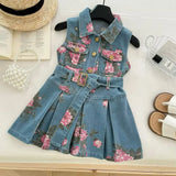 MQTIME  -  Girls Summer Denim Dress – Floral Print Collar & Belted A-Line Skirt, Korean Style Kids Fashion Princess Dress for Girls