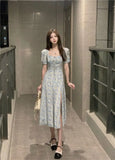 MQTIME  -  Women's Blue Floral Puff Sleeve Midi Dress Sweetheart Tie Front Split Dress