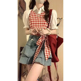 MQTIME  -  Fashion Sweet Puff Sleeve White Blouse Y2k Aesthetic Constrast Color Plaid Bow Camisole Streetwear Summer Korean Girl Skirts