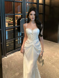 MQTIME  -  Lace Strapless Long Dress Women Sleeveless Camisole French Elegant Dress Solid A Line Dinner Night Fashion Simple Vestidos New