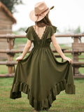 MQTIME  -  New Christmas Style Solid Color Ruffle Edge Irregular Skirt Lace Fly Sleeves Fashionable V-Neck Dress for Teenage Girls